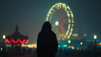 Against a hazy moonlit sky a person strides towards the looming ferris wheel back turned to the camera and silhouette . photo