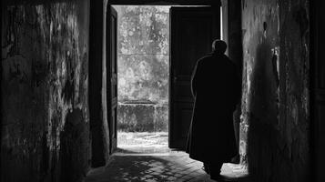 A lone figure wrapped in a long coat stands with back to the camera. They appear to be lost in contemplation as they gaze into . photo
