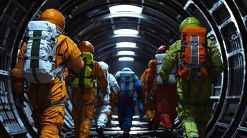 A group of astronauts each wearing a different colored spacesuit walks confidently towards the wormhole. backs are to us but . photo