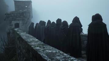 Standing on a balcony a group of hooded figures face away from the camera voices echoing off the stone walls as they engage . photo