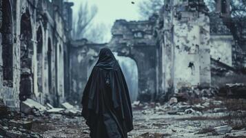 A figure clad in a hooded cloak walks away from the camera stance determined and resolute. The ruins once a symbol of destruction . photo