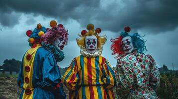 Against a dark sky a trio of clowns stand with backs to the camera exaggerated poses and bright costumes creating an unsettling . photo