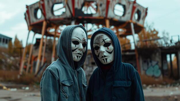 A pair of mysterious figures stand in front of a rundown funhouse backs to the camera and faces hidden by oversized masks. . photo