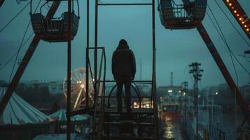 Amidst the abandoned carnival a solitary person stands on the platform of the ferris wheel back to the camera and the only sign . photo