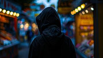 A mysterious figure in a hooded cloak stands in front of a boardedup candy booth back to the camera as they seem to search for . photo