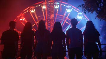 In the eerie glow of the ferris wheel a group of strangers face away from the camera silhouettes merging with the shadows and . photo