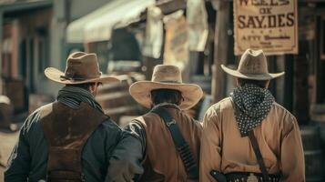 Three men dressed in cowboy hats and bandanas huddle together with backs facing the camera against a backdrop of barrels and . photo