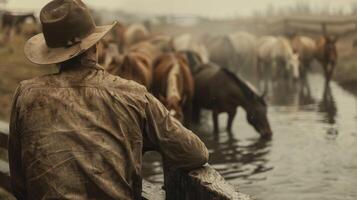 un hombre se inclina en contra un de madera cerca frente a lejos desde el cámara como relojes un grupo de caballos bebida desde el riego agujero. escabroso . foto