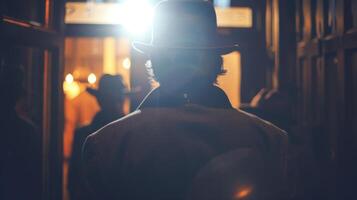 A group of strangers identities hidden as they face away from the camera are gathered in front of the closed saloon doors. What . photo