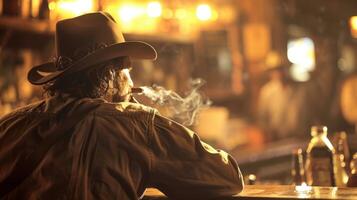 Against the backdrop of a bustling Western saloon a man with back to the camera leans against the bar a cigar clamped between . photo