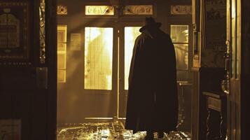 A figure stands with back turned silhouette outlined by the warm light spilling out from behind the closed saloon doors. . photo