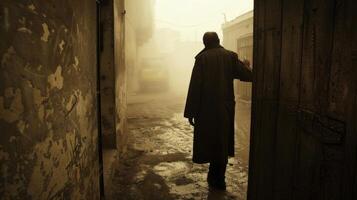 A person in a trench coat stands at the entrance hand resting on the door handle as they peer out into the dusty street. . photo