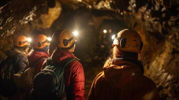 Huddled together for warmth a group of explorers faces away from the camera as they brave the darkness of the caves headlamps . photo
