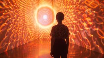 The final figure stands at the edge of the portal mesmerized by the pulsing light and intricate designs. They seem to be on the brink . photo