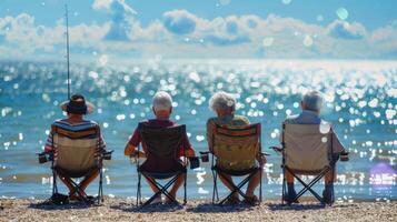 Two elderly couples sit on folding chairs facing the ocean as they enjoy a peaceful afternoon of fishing. The water sparkles in the . photo