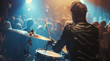A drummer in a leather jacket stick in hand keeping time with the rest of the band as the audience sways and dances to energetic . photo