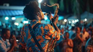 A saxophonist back turned blowing into instrument with passion and skill while the audience cheers and claps along to the infectious . photo