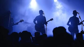 The silhouettes of three guitarists facing away fingers flying over the strings as they jam out to a crowd of eager spectators. . photo