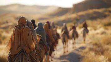 A group of nomadic people faces hidden by headscarves walk in unison with camels across the vast sp desert landscape. . photo