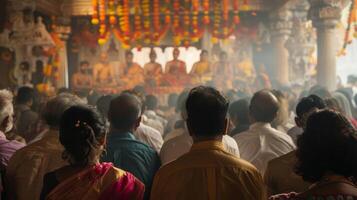 A reverent gathering facing away from the camera in the midst of a religious ceremony where music and chanting reverberate through . photo