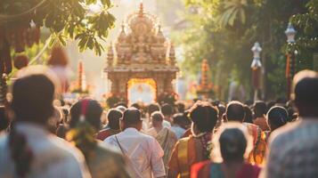A procession of believers facing away from the viewer making way towards a sacred site carrying offerings and gifts as part . photo