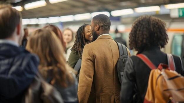 A group of commuters facing the opposite direction of the camera chatting and laughing while they wait for train to take them . photo