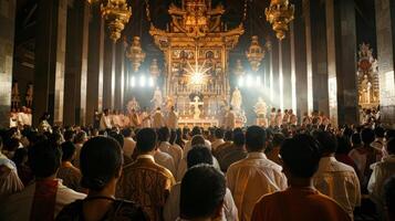 A hushed crowd facing away from the photographer dressed in traditional religious attire participating in a solemn ceremony under . photo