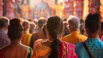 A row of people with heads bowed facing away from the lens enveloped in the mystical atmosphere of a sacred ceremony taking . photo