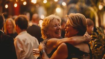 Two guests embrace in laughter while facing away from the camera amidst a sea of other partygoers who are mingling and enjoying the . photo