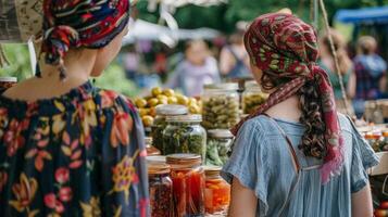 Two friends one wearing a patterned head scarf and the other in a flowy dress chatting and examining jars of homemade jams and pickles . photo