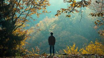 A silhouette of a person stands at the edge of a forest clearing facing away from the camera and gazing out at the endless expanse . photo