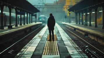 A lone figure stands at the edge of the platform peering out into the distance. back facing the camera they seem lost in . photo