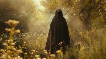 A hooded figure stands in the middle of the fairytale glade cloak billowing in the breeze as they survey the enchanting scenery. . photo