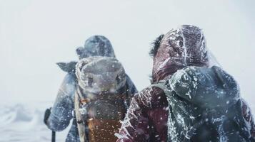 Two travelers bundled up in heavy winter gear backs turned to the camera as they push through strong winds and heavy snowfall . photo