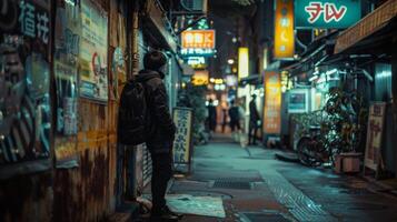 A lone figure leans against a rusted metal wall gaze focused on the bright adverts and signs of the bustling cyber city just . photo