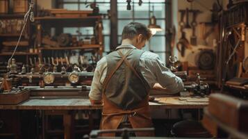 A pair of workers wearing leather aprons are hunched over a workbench backs turned to the camera as they carefully assemble . photo