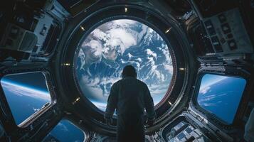Facing away from the camera the fifth astronaut seems to be taking a moment of solitude head tilted back as surveys the vastness . photo