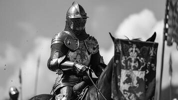 One knight sits atop horse helmet and shield adorned with family crest eagerly awaiting the signal to begin the joust as . photo
