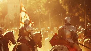 The sun beams down on the scene casting a golden light on the jousting knights and horses as they engage in a fierce but honorable . photo