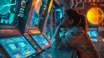 A third astronaut leans against the console body language relaxed and casual as takes a moment to admire the vibrant colors . photo