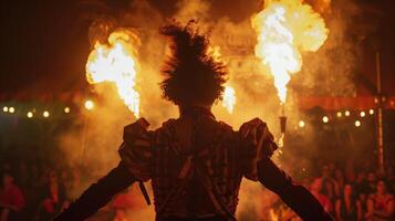 A performer in a tattered circus costume facing away from the camera as they prepare to put on a spooky fireeating show for the audience. . photo