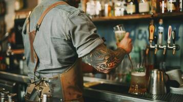 A burly bartender stands behind the bar with back to the camera expertly mixing drinks and serving up shots to the rowdy crowd. . photo