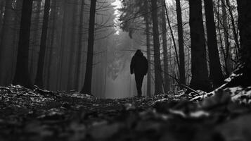 In the stillness of the forest a person walks away from the camera figure a mere silhouette against the dark looming trees. . photo