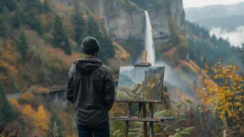 A painter stands with canvas and easel back facing the camera as they capture the grandeur of a cascading waterfall against . photo