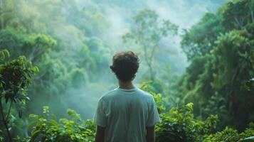 A man stands at the edge of a lush forest back facing the camera as takes in the misty green trees and tranquil sounds of nature. . photo