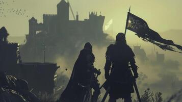 Against the backdrop of a majestic castle two figures stand with their backs to the camera one holding a sword and the other a flag. . photo