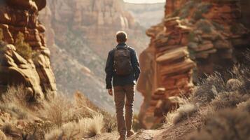 A man walks along a narrow path surrounded by towering red rock formations back to the camera as looks towards the distant . photo