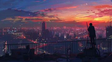 A solitary figure stands with their back to the camera gazing out at the city lights from a high balcony. They hold a paintbrush in . photo