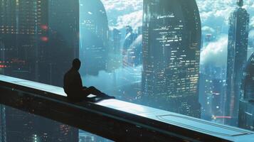 A solitary figure sits on the edge of the bridge his back to the camera as he gazes out at the futuristic skyscrapers and busy streets . photo