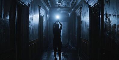 In the center of the frame a person stands with their back to the camera their hands raised in a gesture of caution as they lead their . photo
